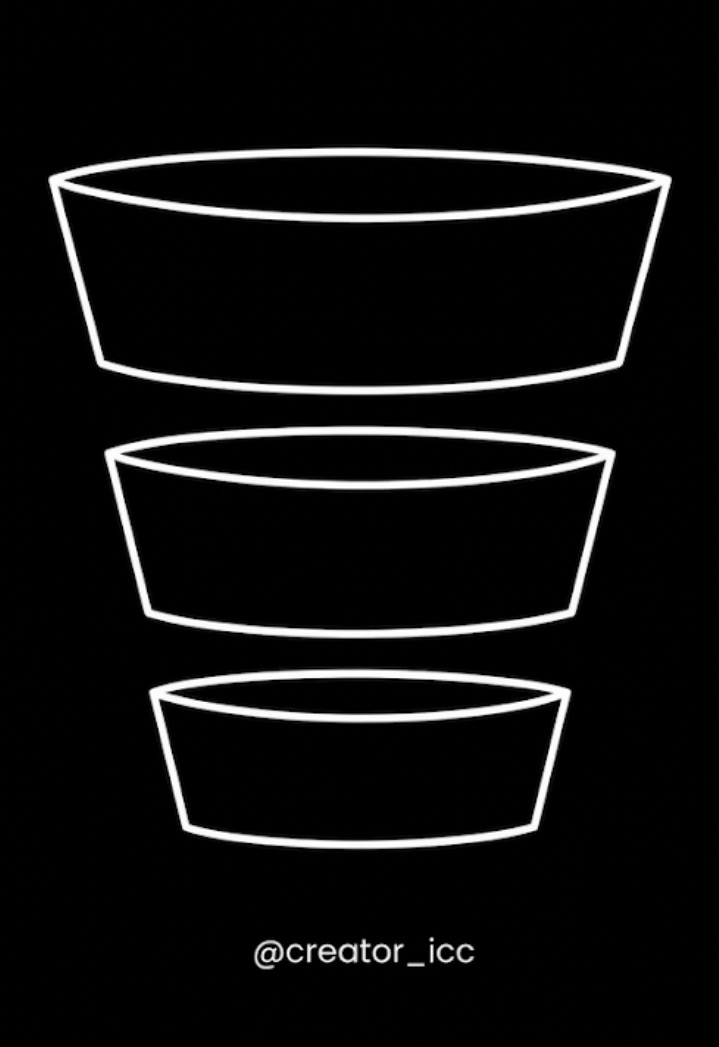 Ilustração de um funil de vendas em três etapas, em linhas brancas sobre fundo preto